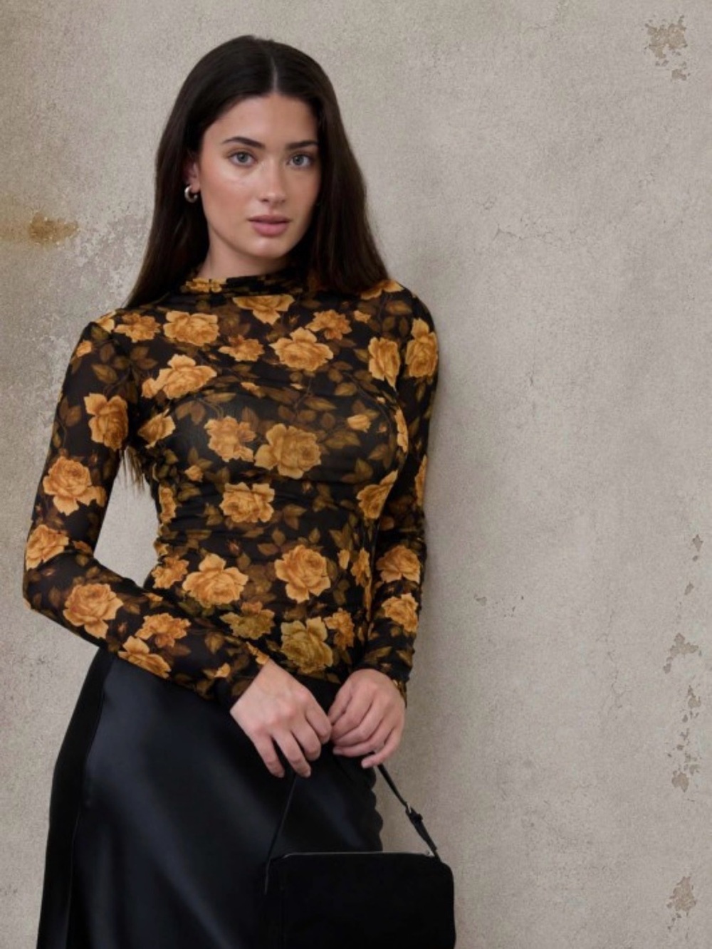A511. Sheer Mesh Black Floral Long-Sleeve Top with Mustard Rose Print